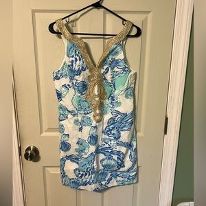 Lily Pulitzer Emery Shift Blue and Gold Shell Women's Dress Size 4